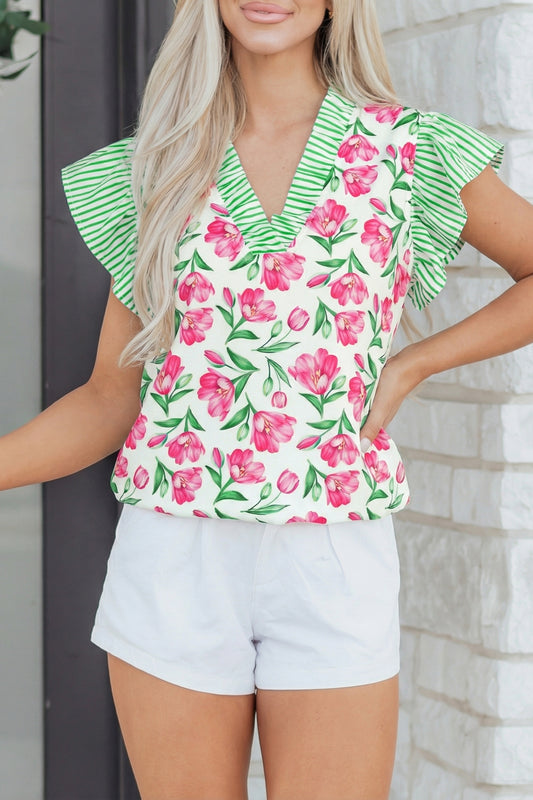 Multicolour Sweet Floral Print Striped Ruffle Trim V Neck Blouse