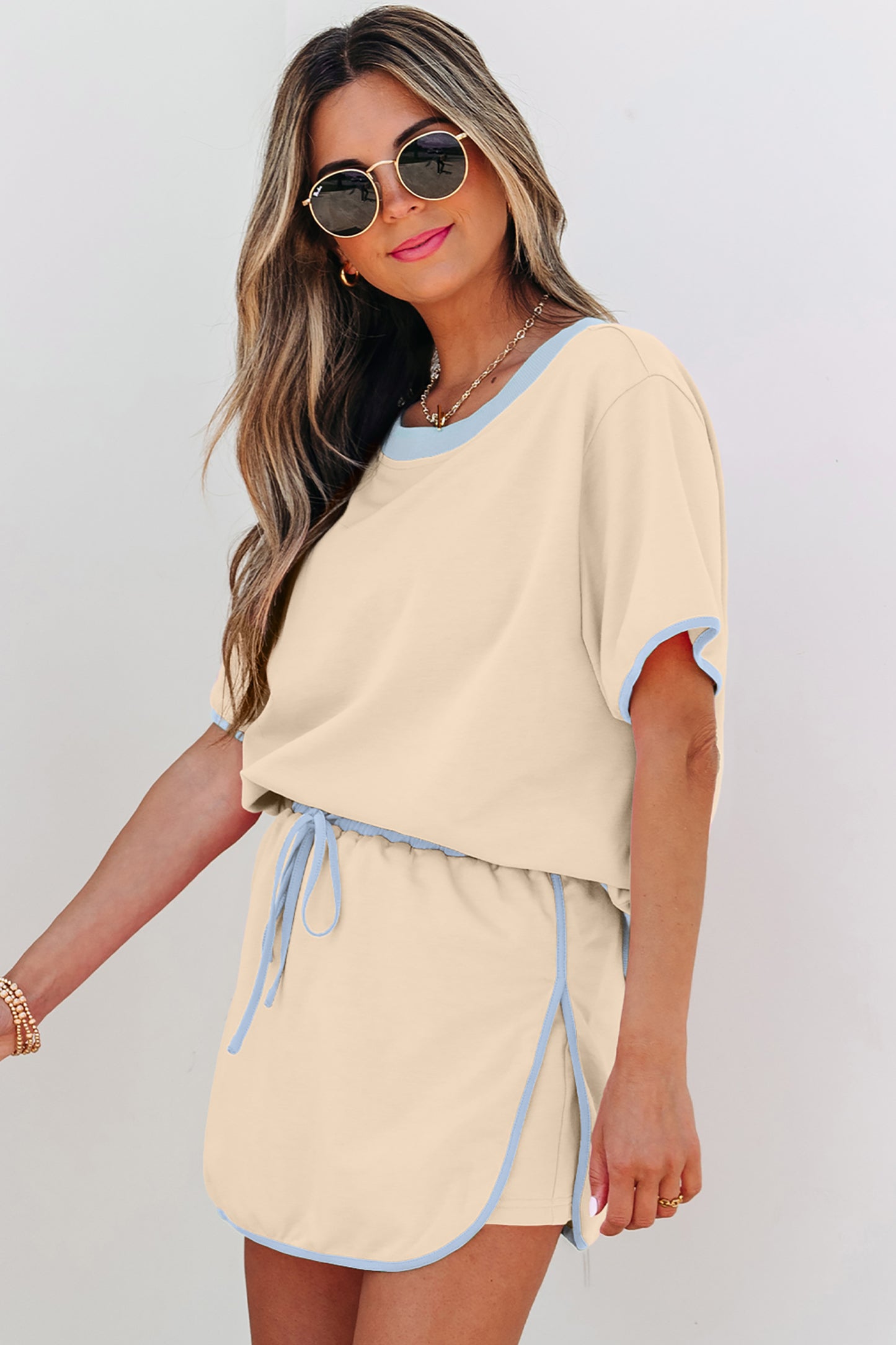Turquoise Colorblock Edge Drop Shoulder T Shirt and Skort 2Pcs Set