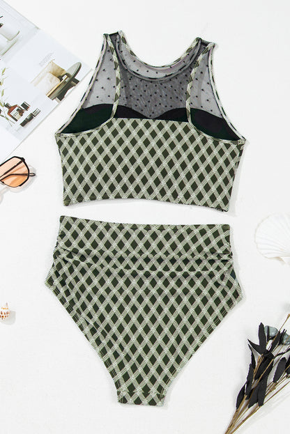 Bikini taille haute à carreaux et pois verts