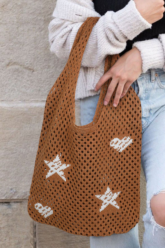 Brown Star Heart Print Hollow Out Knit Shoulder Bag