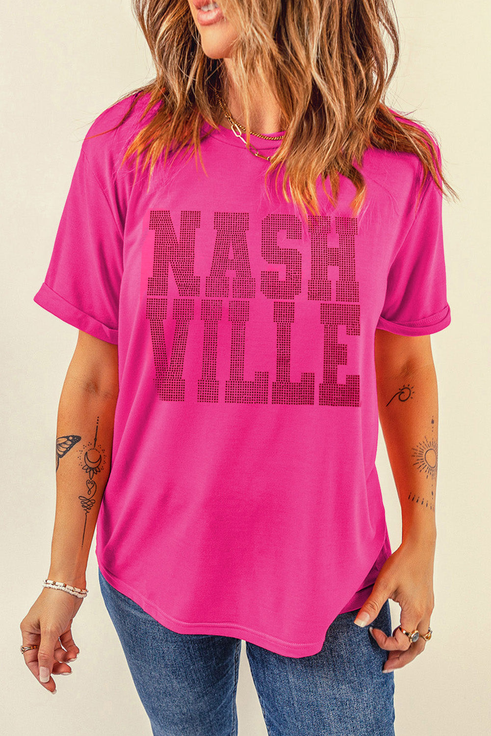 T-shirt ras du cou à strass NASHVILLE, motif graphique, rouge rose