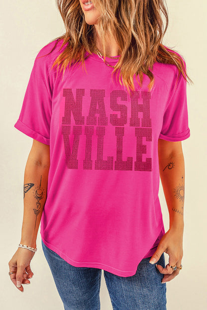 T-shirt ras du cou à strass NASHVILLE, motif graphique, rouge rose