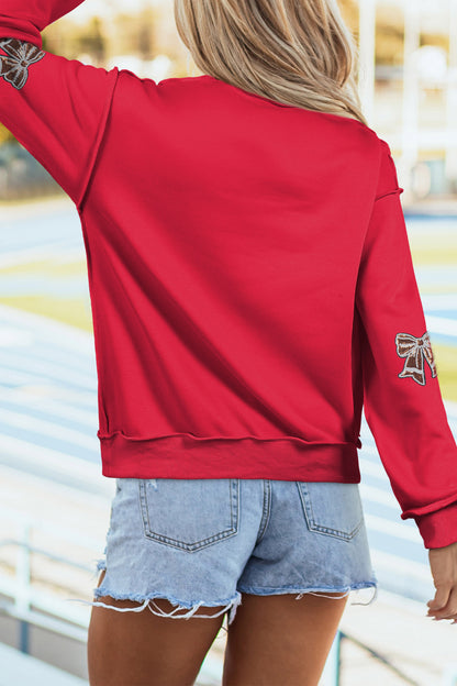 Racing Red Sequin Bowknot Mock Neck Game Day Casual Sweatshirt