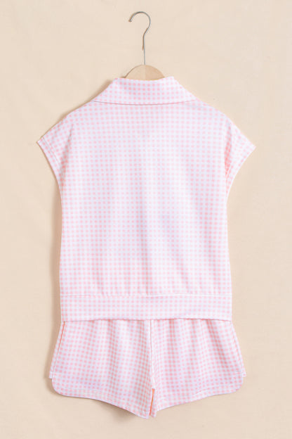 Pink Plaid Zip Neck Sleeveless Top Elastic Waist Shorts Casual Two Piece Short Set