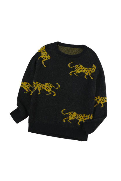 Pull col rond en maille à motif guépard noir 