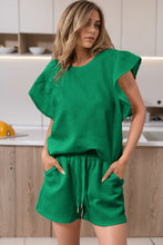 Bright Green Textured Ruffled Sleeve Tee and Drawstring Shorts Set