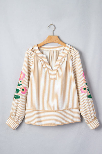 Khaki Stripe V Neck Floral Embroidered Long Sleeve Blouse