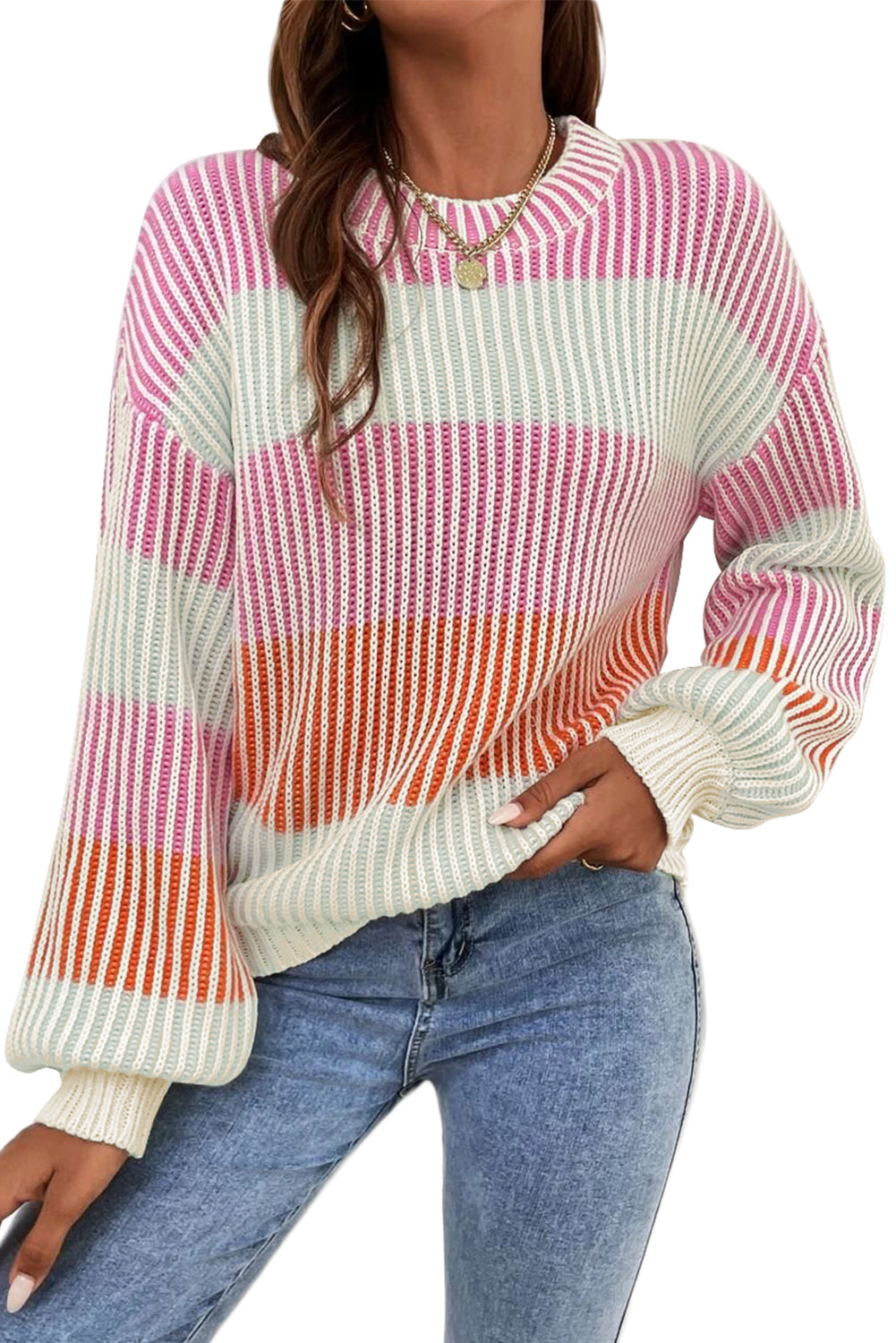 Pull à manches bouffantes en tricot texturé colorblock rose