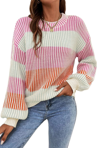 Pull à manches bouffantes en tricot texturé colorblock rose