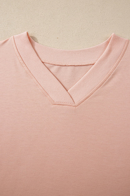 Apricot Pink Solid Color V Neck Tee Drawstring Pant Set