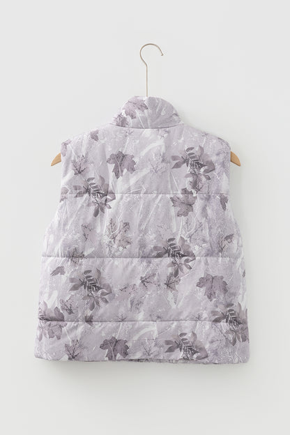 Gray Camo Leaf Print Winter Puffer Vest