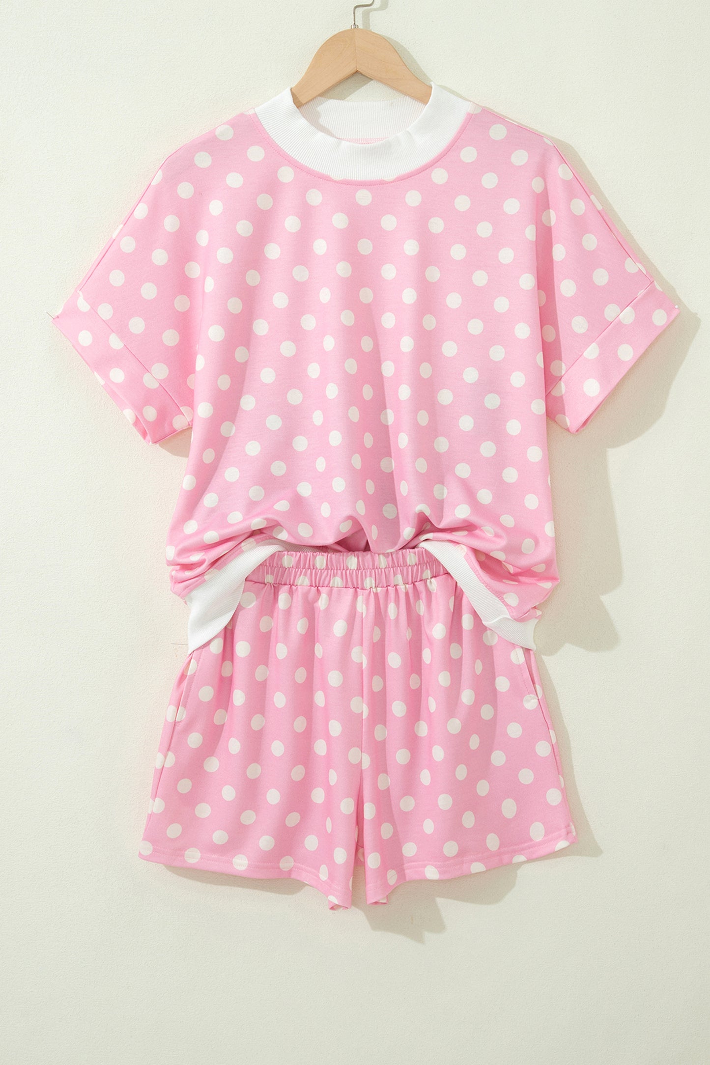 Green Polka Dot Print Color Block Trim Mock Neck Short Set