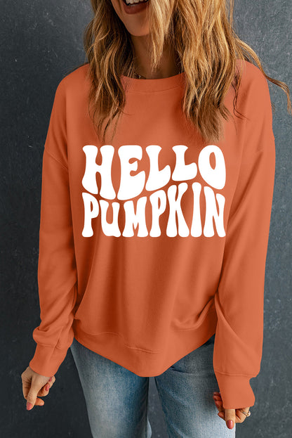 Sweat-shirt d'Halloween orange à épaules tombantes et motif citrouille Hello