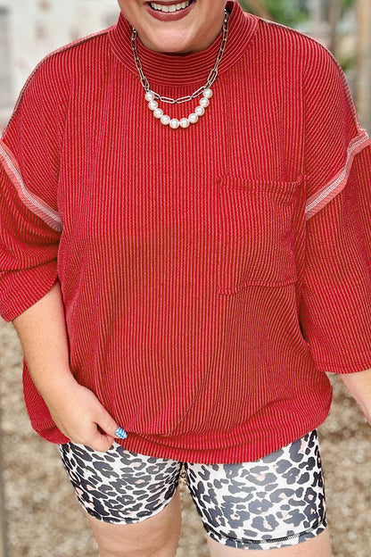 Fiery Red Twist Ribbed Tunic Round Neck Bracelet Sleeve Plus Size Blouse