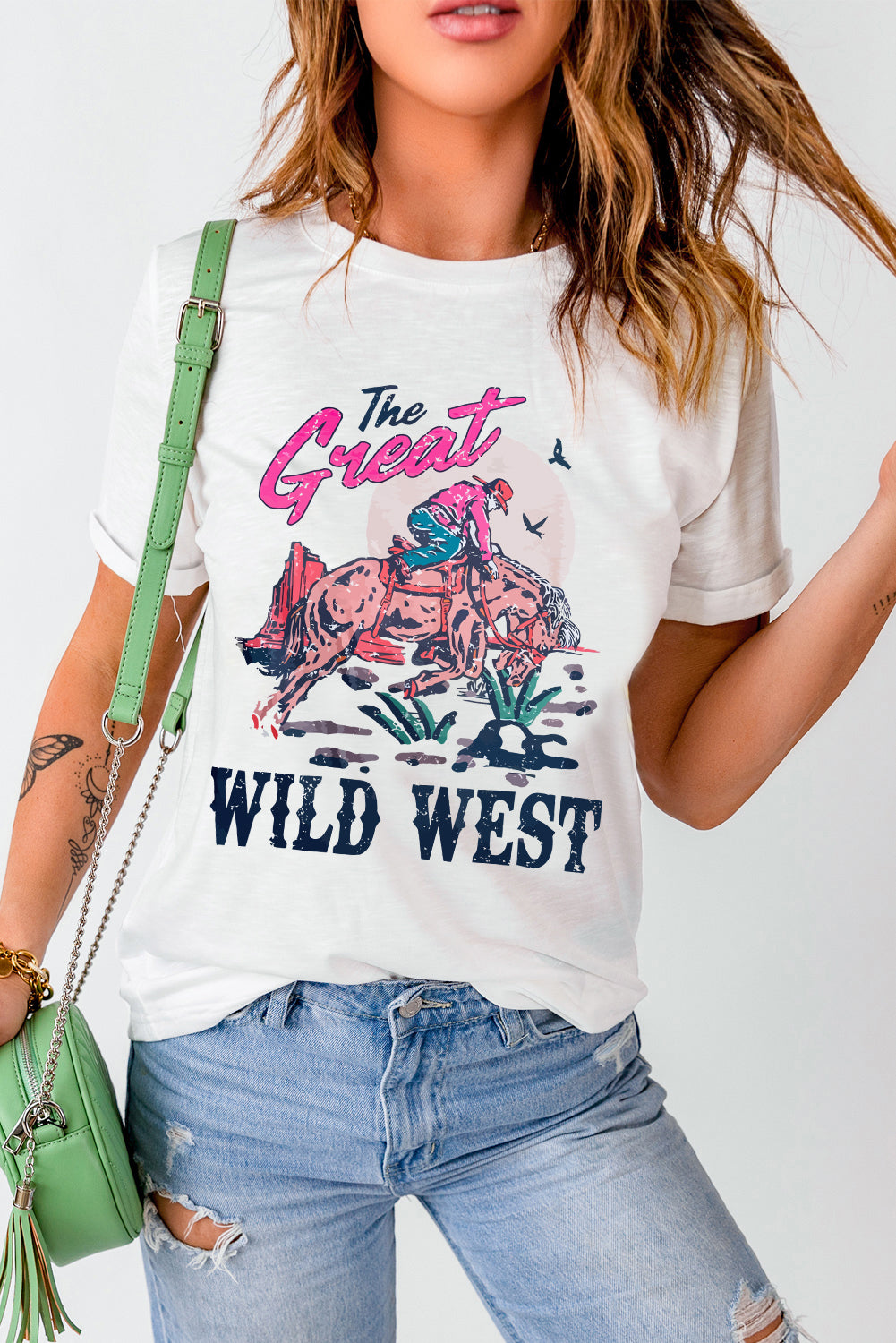 T-shirt blanc à col rond avec imprimé « The Great WILD WEST Rodeo »