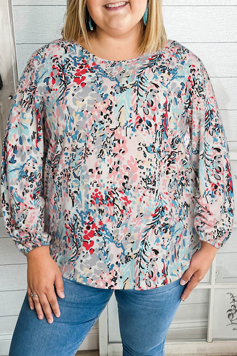 Blusa de manga larga con cuello redondo y estampado floral de talla grande multicolor