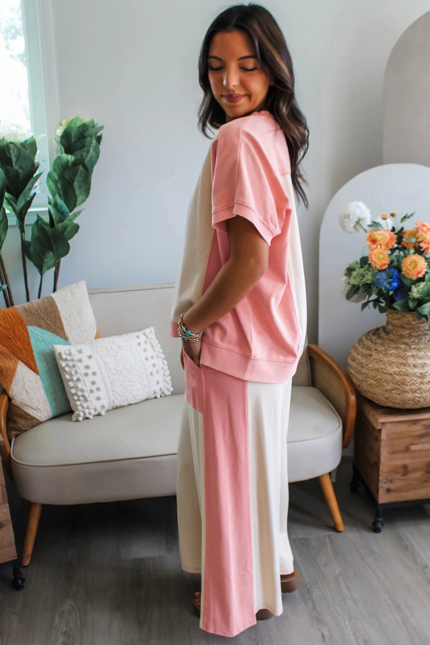 White Two-tone Color Block Patchwork Tee Drawstring Loose Pant Set