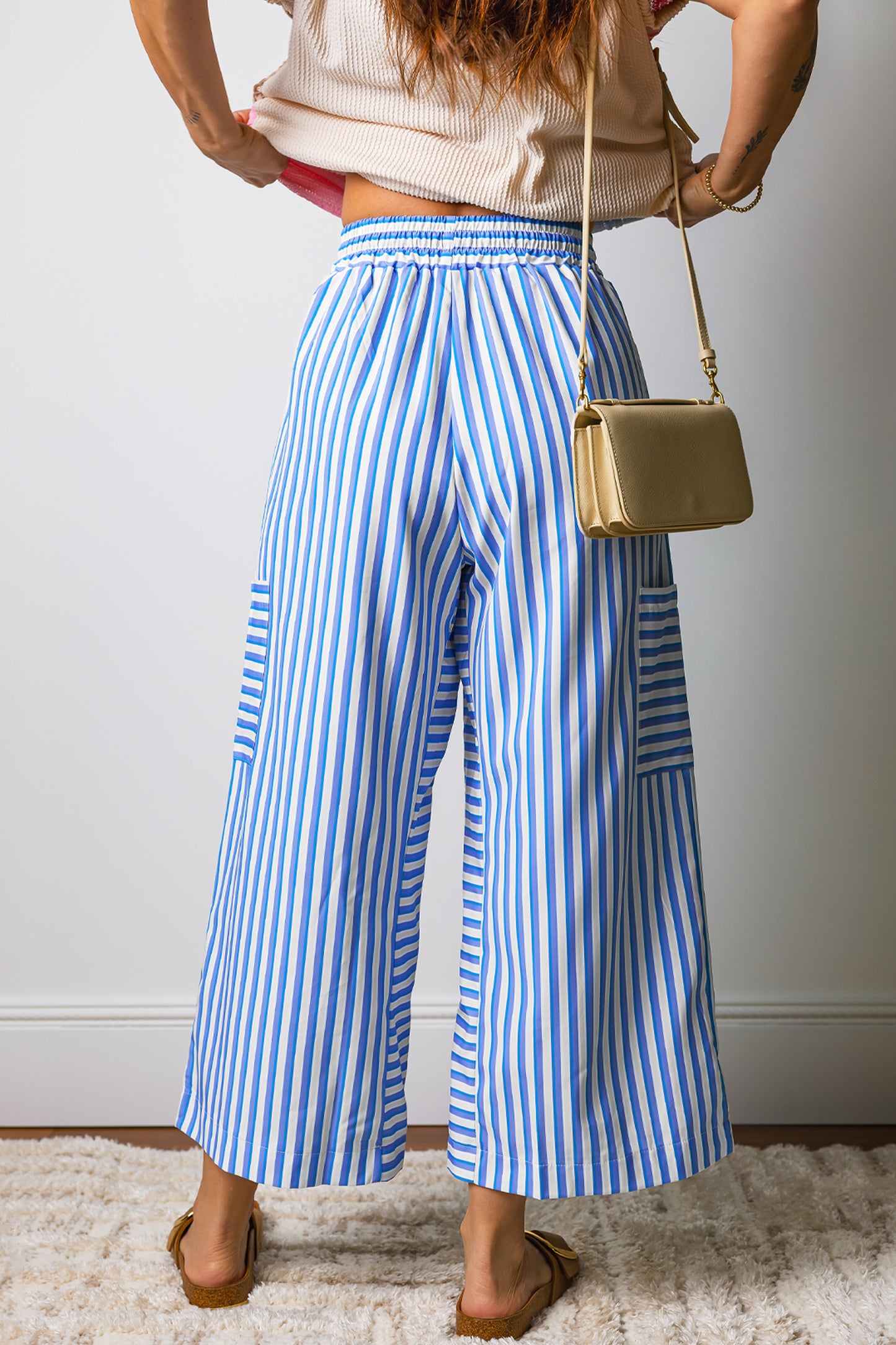 Sky Blue Stripe Drawstring Elastic Waist Patch Pocket Wide Leg Ankle-length Pants