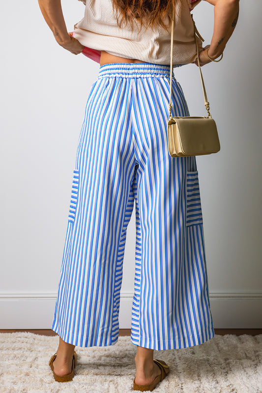 Sky Blue Stripe Drawstring Elastic Waist Patch Pocket Wide Leg Ankle-length Pants