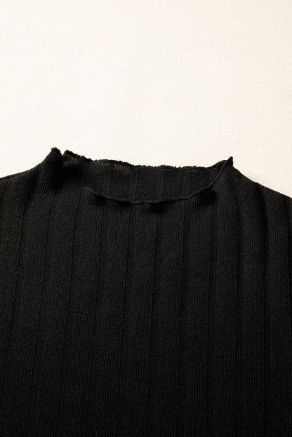 Black Frilled Neck Ribbed Knit Patchwork Long Sleeve Mini Dress