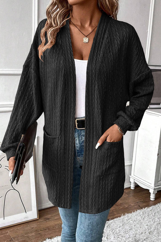 Cardigan ouvert sur le devant en tricot texturé noir avec poches latérales