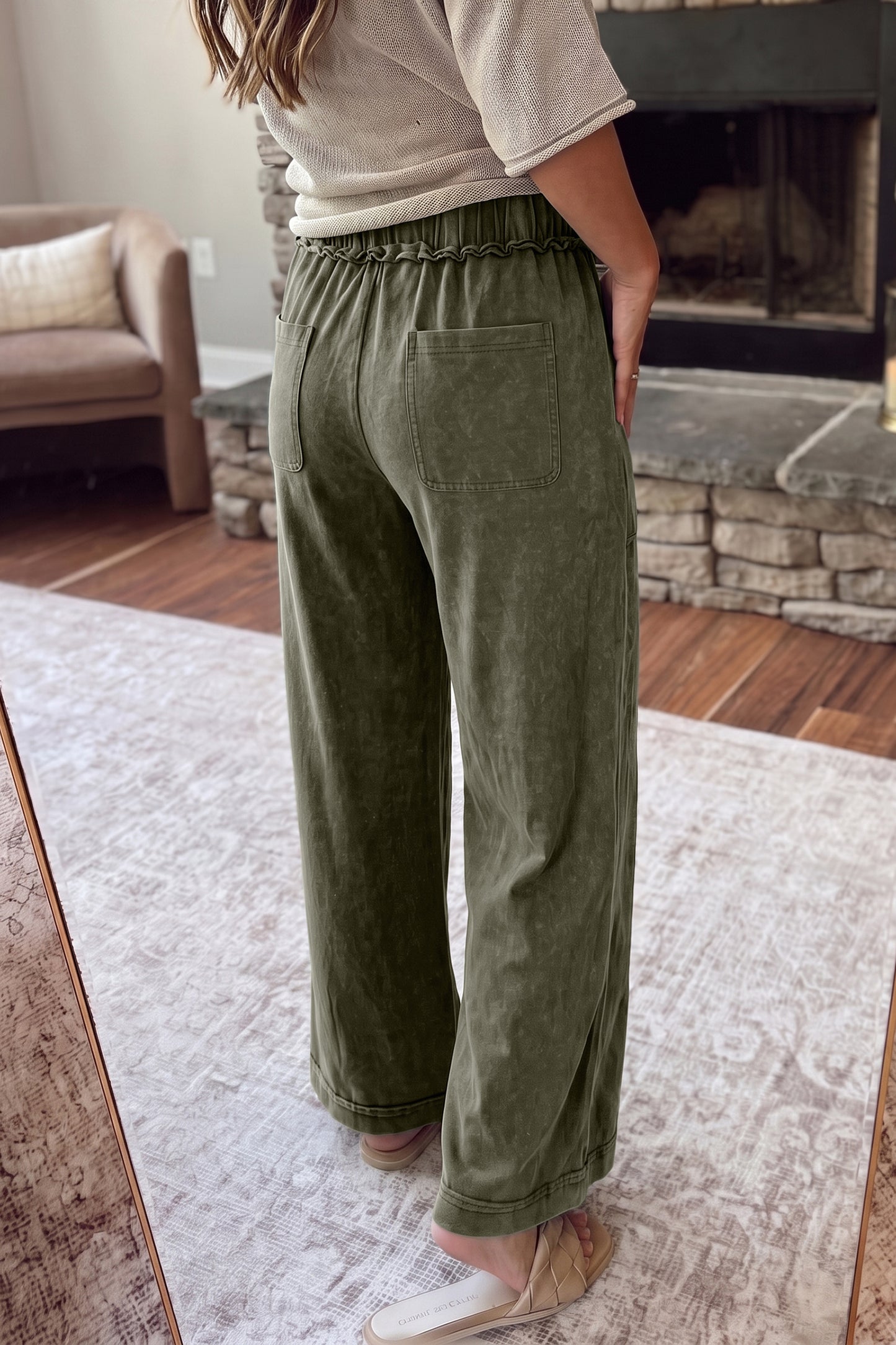 Jungle Green Mineral Wash Seam Detail Flare Leg Drawstring Pants