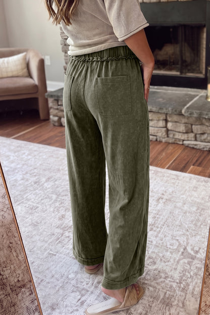 Jungle Green Mineral Wash Seam Detail Flare Leg Drawstring Pants