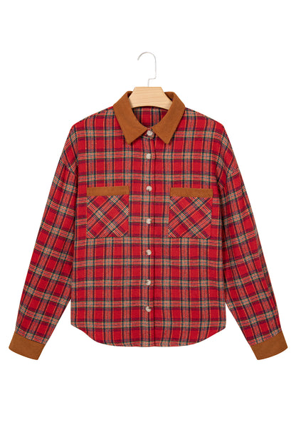 Red Casual Plaid Color Block Collared Button Shacket