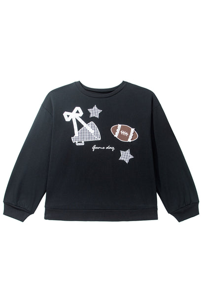 Black Rugby Game Day Patchwork Graphic Plus Size Sweatshirt