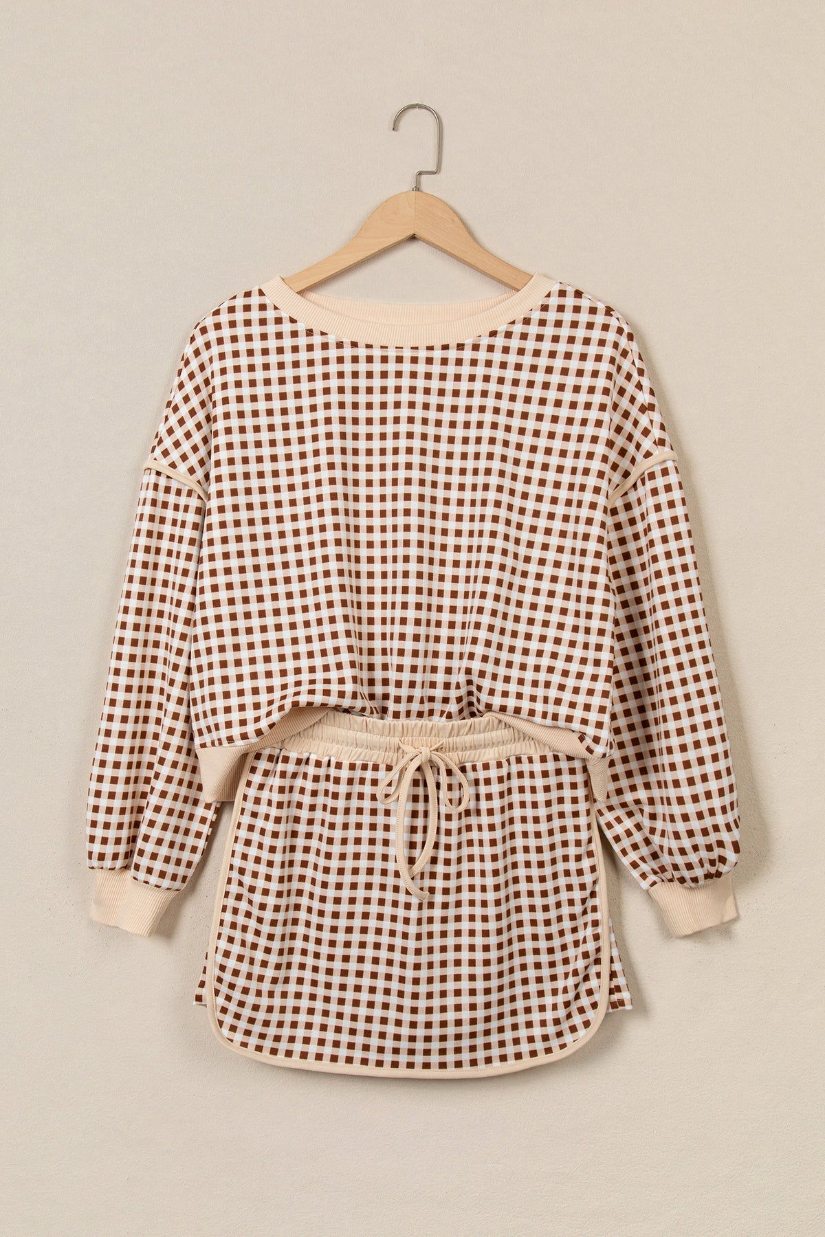 Brown Gingham Oversized Ribbed Trim Crew Neck Long Sleeve Top and Skort Set