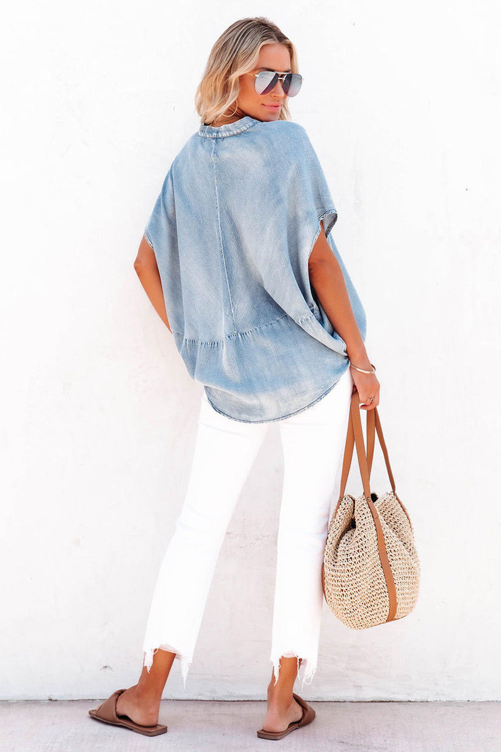 Split V Neck Oversized Denim Blouse