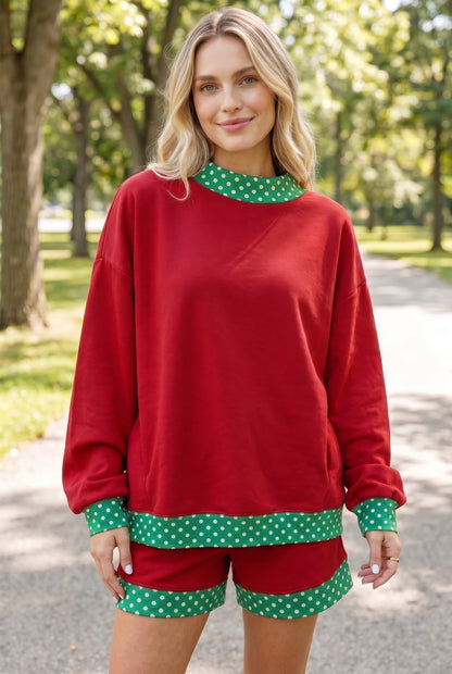 Racing Red Polka Dot Trim Baggy Pullover 2pcs Short Set