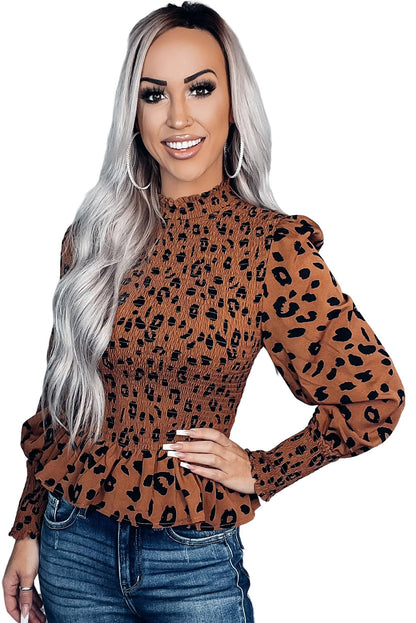 Top peplum con mangas abullonadas y fruncido de leopardo marrón 