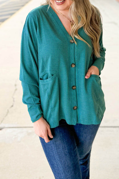 Lapis V Neck Waffle Textured Button Front Tunic Long Sleeve Plus Size Cardigan