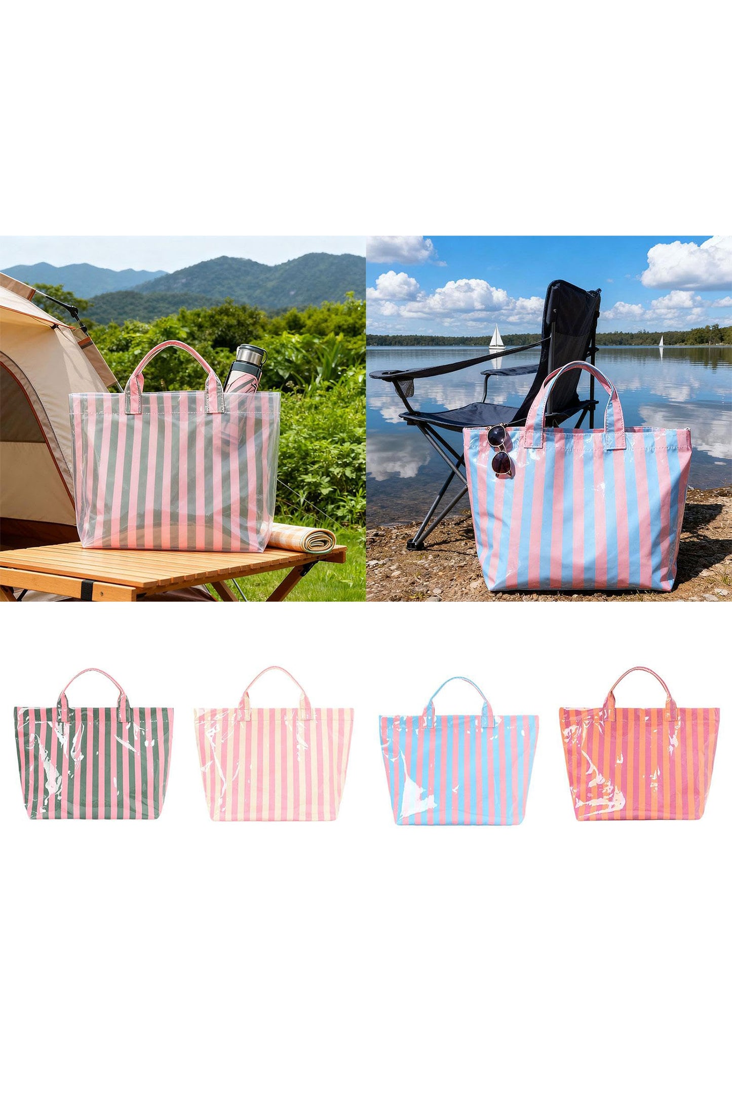 Rose Red Glossy Striped Vinyl Large Tote Bag (Color Varied)