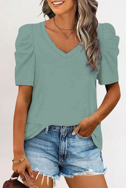 Camiseta con cuello en V y mangas abullonadas 