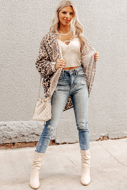 Cardigan tunique ample à manches chauve-souris et imprimé léopard kaki