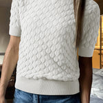White Fish Scale Textured Knit Ribbed High Neck Short Sleeve Sweater