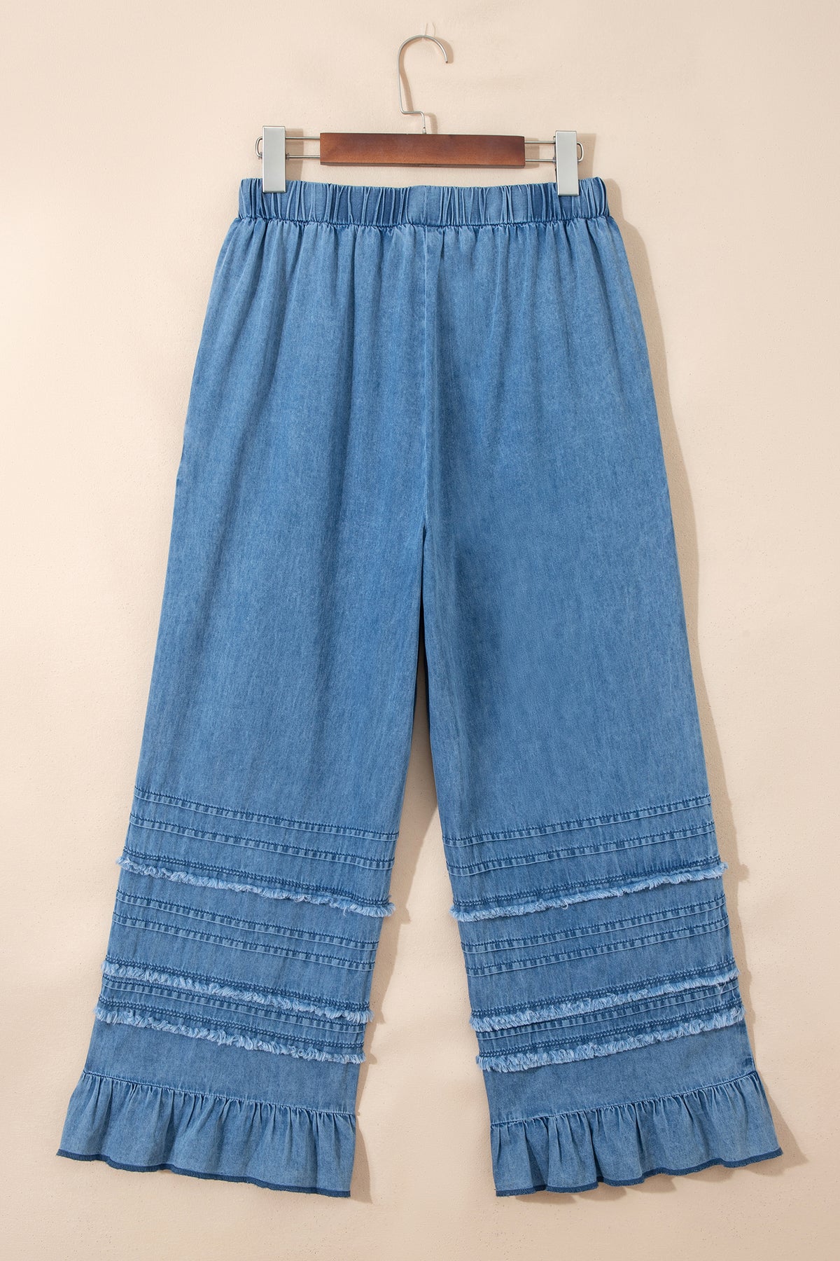 Dusk Blue Ruffled Hem Wide Leg Chambray Pants