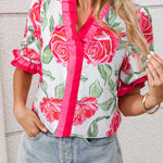 Rose Floral Frilled V Neck Short Sleeve Blouse Top