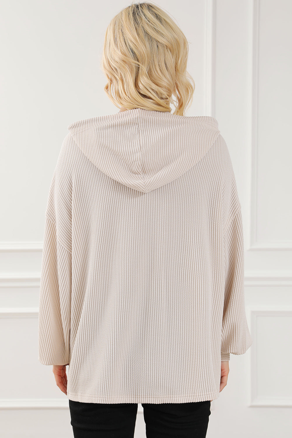 Pale Khaki Corded Drop Shoulder Kangaroo Pocket Hoodie