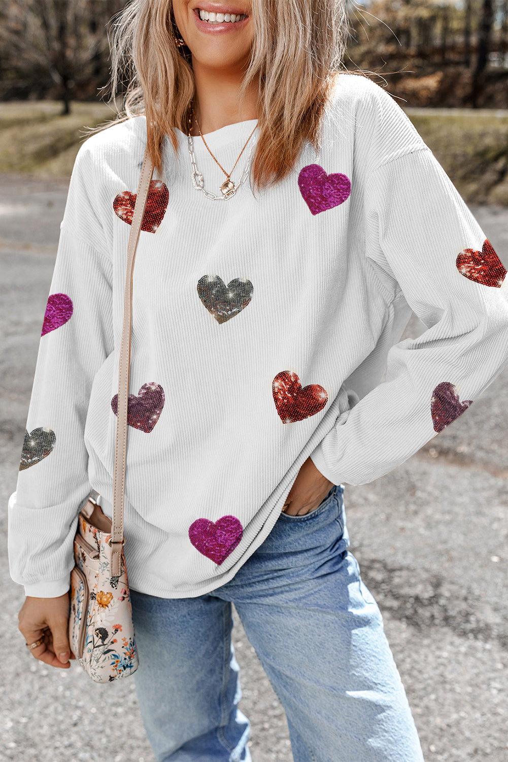 Sweat-shirt blanc à cordon avec motif cœur de Saint-Valentin