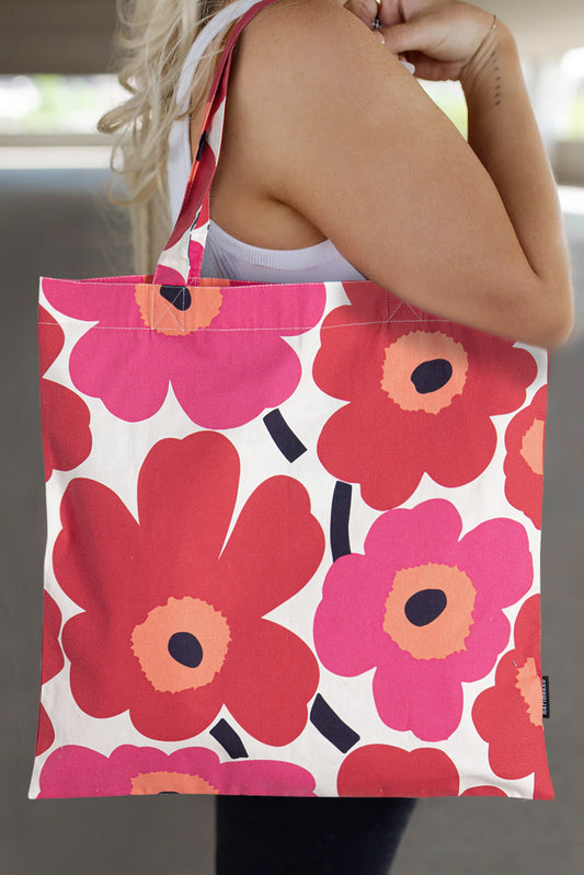 Red Bold Flower Print Portable Cotton Cloth Bag