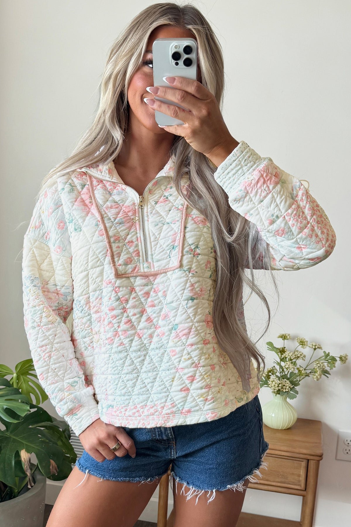 Multicolour Floral Quilted Metal Zipper Collar Long Sleeve Sweatshirt