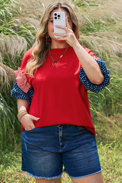 Fiery Red Plus Size Striped Ruffles Star Short Bubble Sleeve Patchwork Top