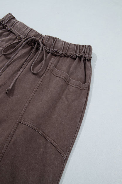 Coffee Mineral Wash Seam Detail Flare Leg Drawstring Pants