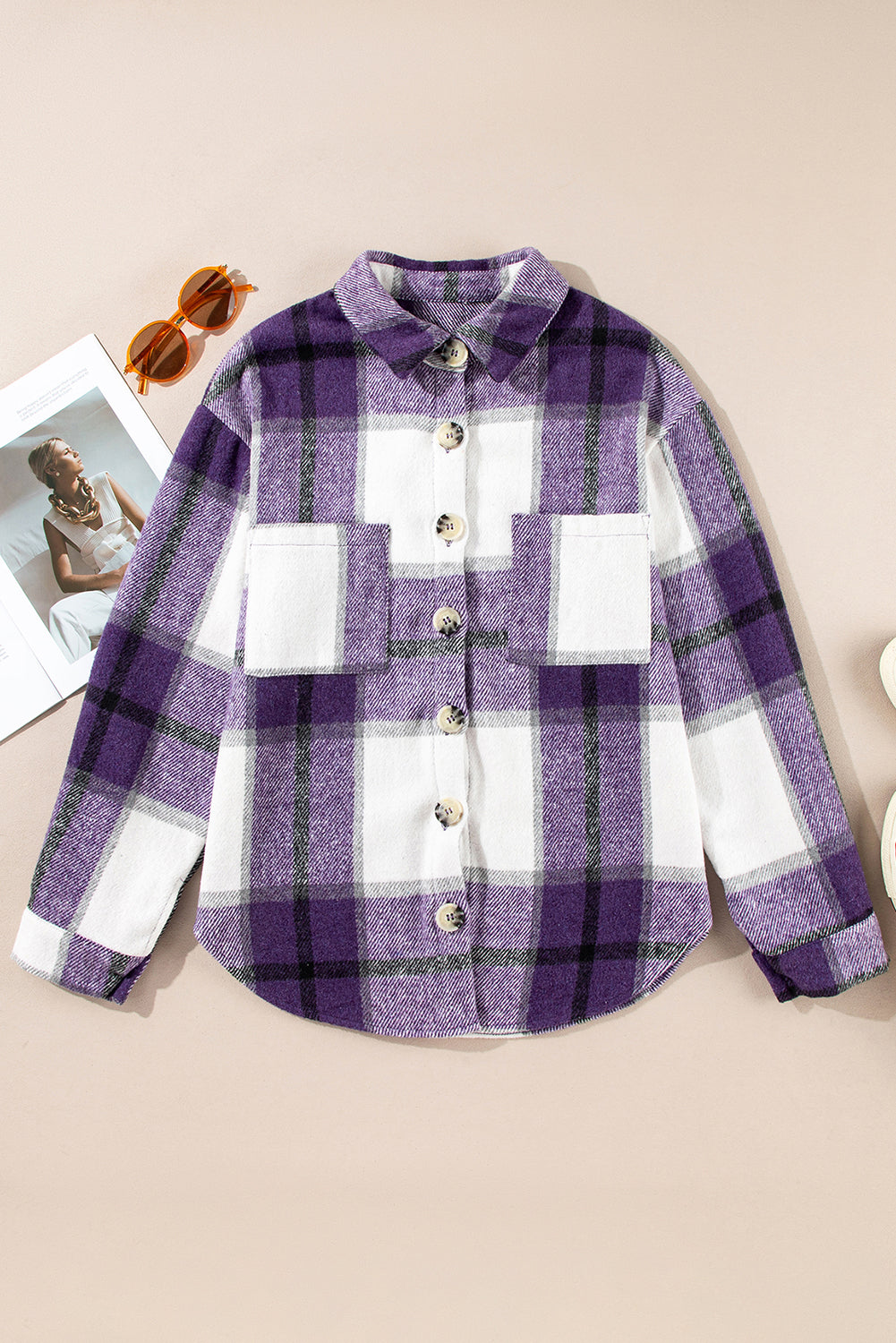 Purple Plaid Color Block Buttoned Long Sleeve Jacket with Pocket