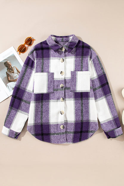Purple Plaid Color Block Buttoned Long Sleeve Jacket with Pocket