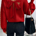 Racing Red Lantern Sleeve V Neck Knot Back Sweater