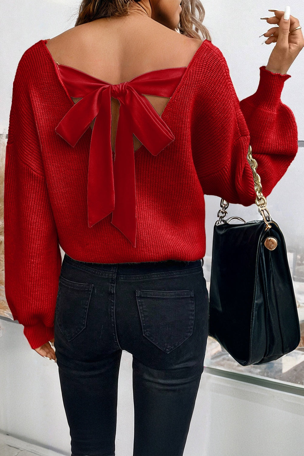 Coffee Lantern Sleeve V Neck Knot Back Sweater